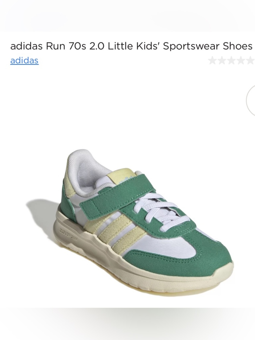 adidas Kids Run 70s 2.0 Sneaker in Green, White and Yellow Velcro Lace-Up